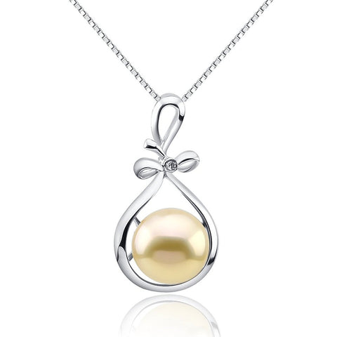 Fascinating Color 12-13mm Golden Peach Freshwater Cultured Pearl Pendant, Sterling Silver Ribbon Style