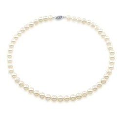 14k White Gold 7.0-7.5mm White Saltwater Akoya Cultured Pearl High Luster Necklace 18", AA+ Quality.