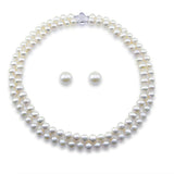 Sterling Silver 2 Row 8-9mm White Freshwater Cultured Pearl Necklace 17"/18" and 10-11mm Stud Earring