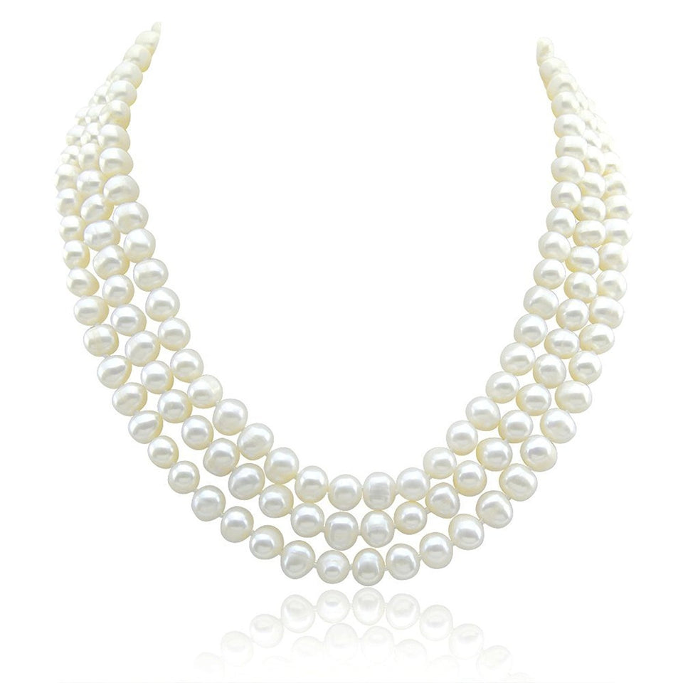 3-Row 6.5–7.5mm White Freshwater Cultured Pearl Necklace, 16.5", 17" and 18"