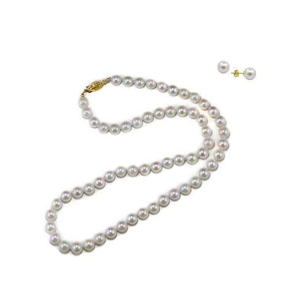 14k Yellow Gold AAA 6.5-7.0mm White Akoya Cultured Pearl High Luster Necklace 18", with Stud Earring sets