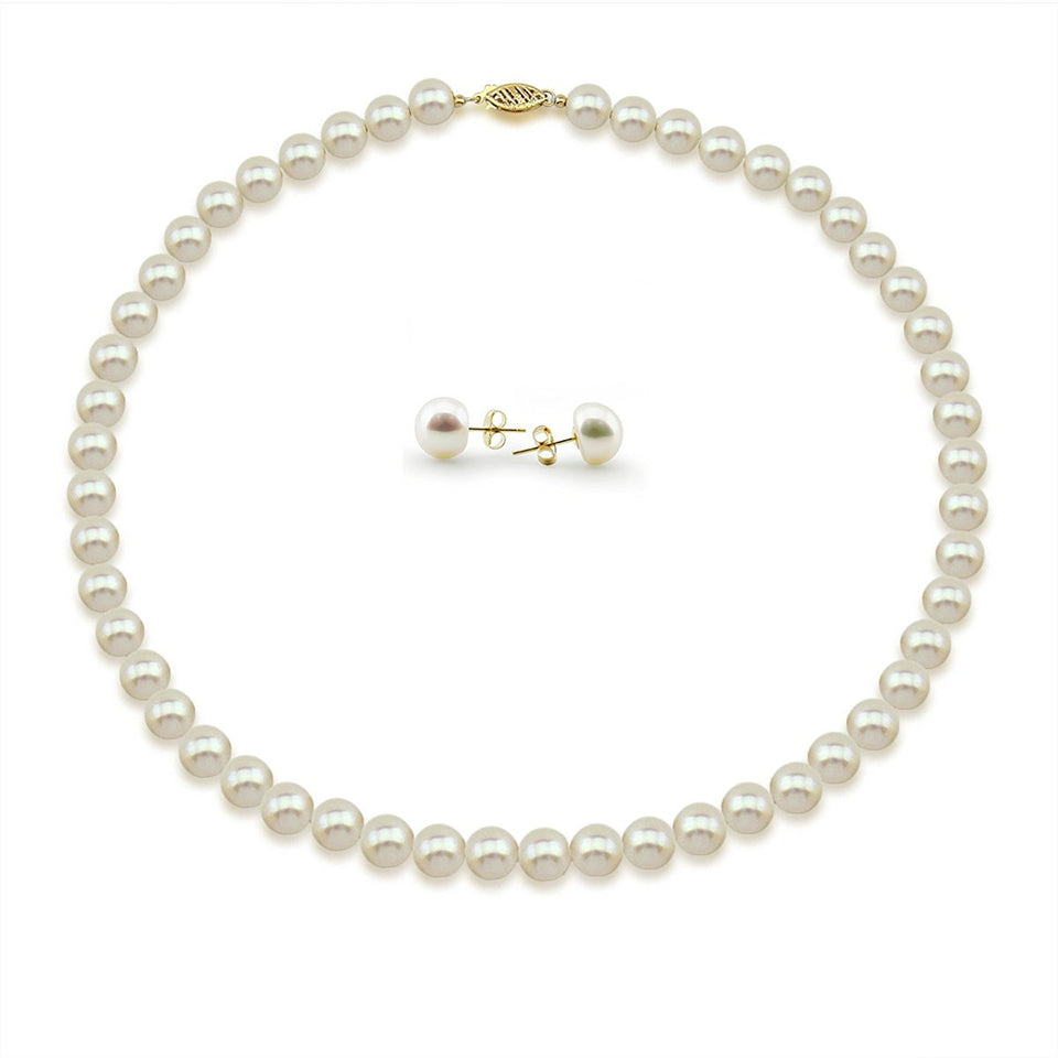 14K Yellow Gold 8–9mm White Freshwater Cultured Pearl Necklace, 18", and Earring Set
