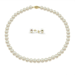 14K Yellow Gold 8.0-9.0 mm High Luster White Freshwater Cultured Pearl Necklace, Earrings Set, 18" Length