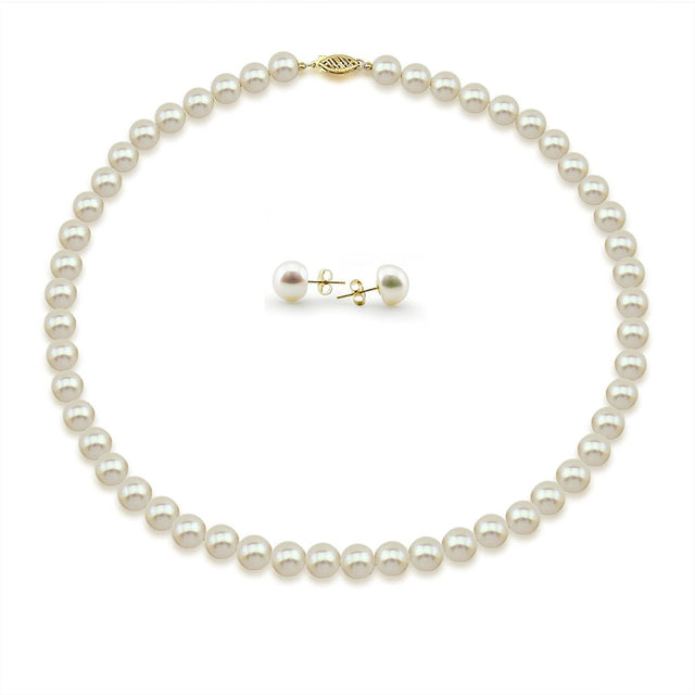 14K Yellow Gold 8–9mm White Freshwater Cultured Pearl Necklace, 18", and Earring Set