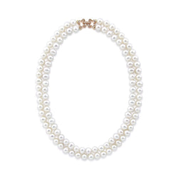 2 Rows 7.0-7.5 mm White Freshwater Cultured Pearl Necklace 18",Rose-gold-tone Base Metal Rhinestone Clasp