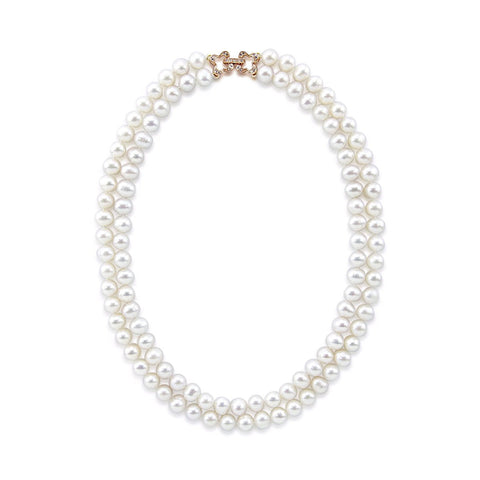 2 Rows 7.0-7.5 mm White Freshwater Cultured Pearl Necklace 18",Rose-gold-tone Base Metal Rhinestone Clasp