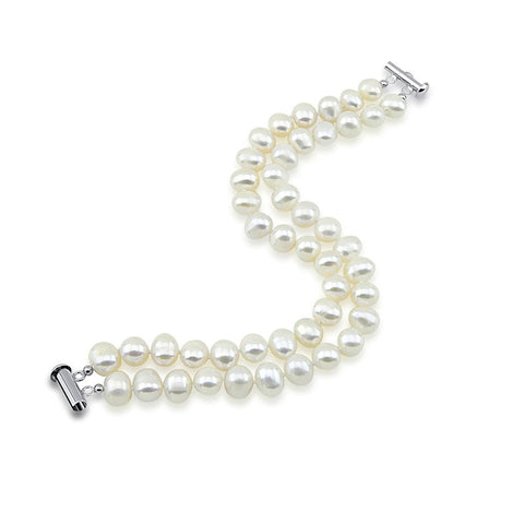 2 Rows 8.0-9.0mm White Freshwater Cultured Pearl High Luster Bracelet 7.5" Length