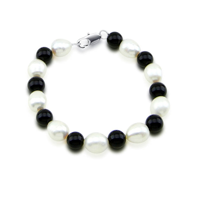 9–10mm White Freshwater Pearl & Black Onyx Bracelet, 7.5"