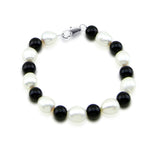 Classic 9-10mm White Freshwater Cultured Pearl & Black Onyx Bracelet,7.5"