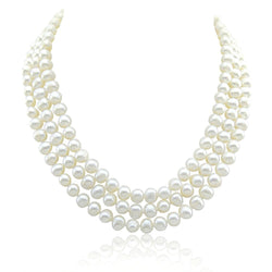 3-row Bridal Wedding 6.5-7.5mm White Freshwater Cultured Pearl Necklace 17/17.5/18.5"