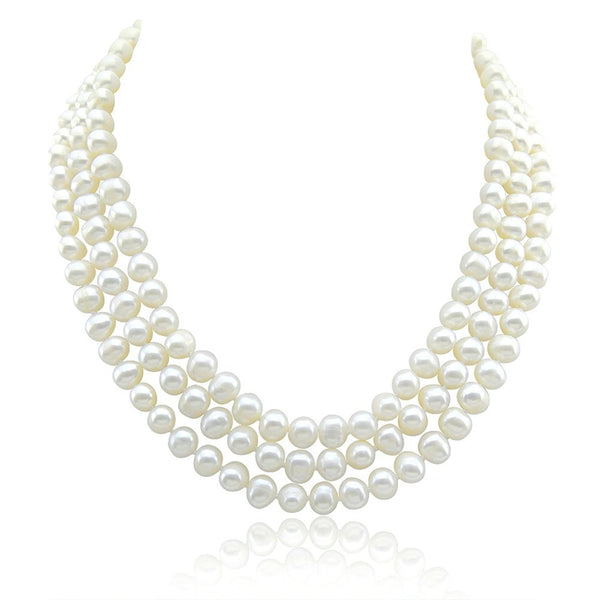 3-row White A Grade Freshwater Cultured Pearl Necklace (6.5-7.5 mm) With Base Metal Clasp, 19/20/21"