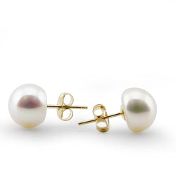 14k Yellow Gold 7.0-8.0mm White Button Shape Freshwater Cultured Pearl High Luster Stud Earring.