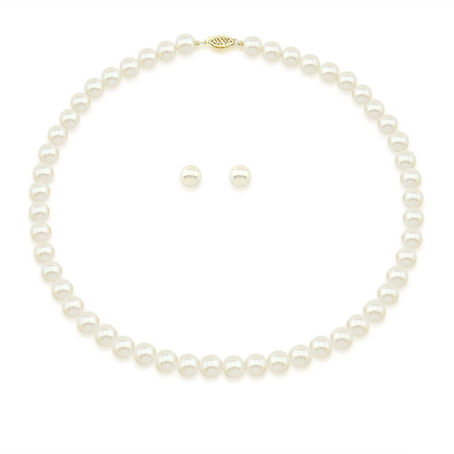 14K Yellow Gold 7.5–8mm White Freshwater Cultured Pearl Necklace and Earrings Set, 20"
