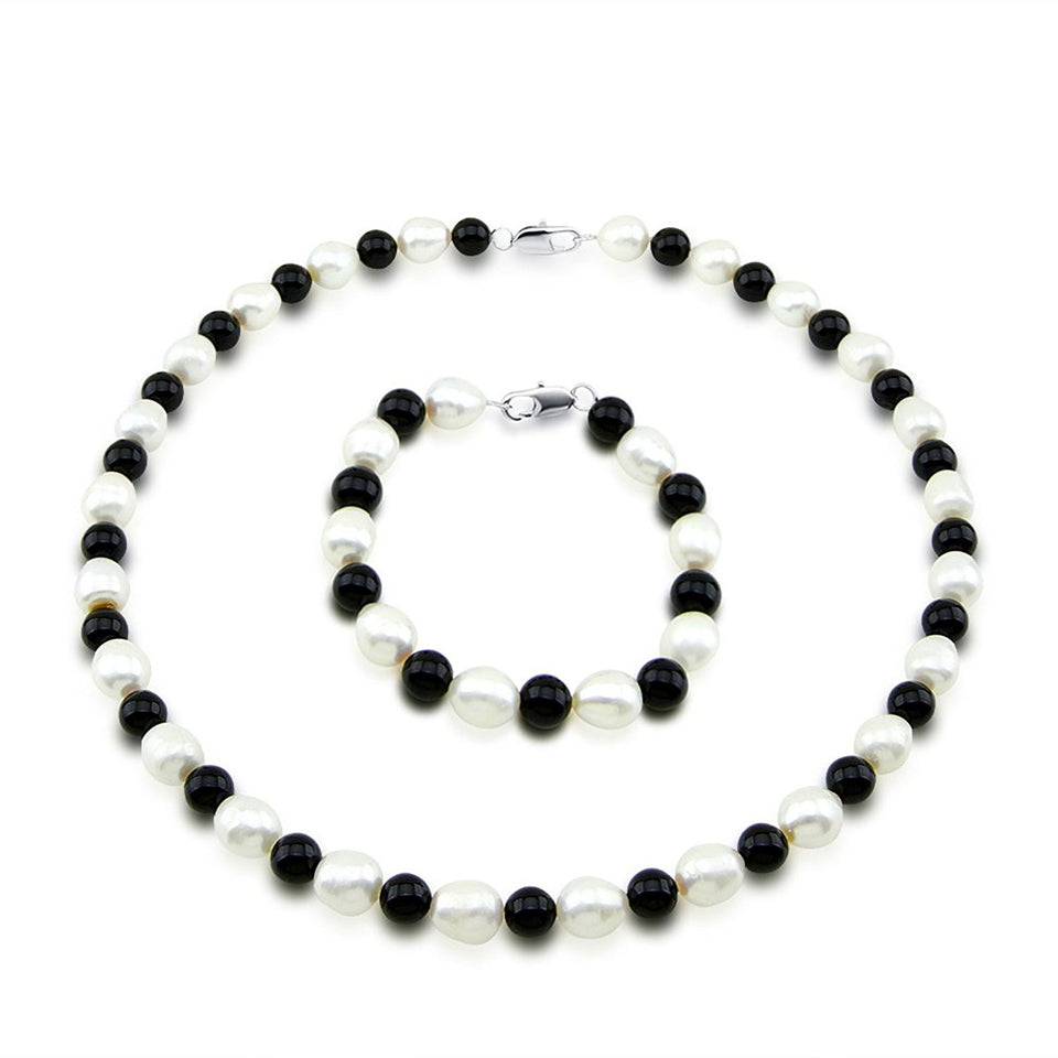 9–10mm White Freshwater Cultured Pearl and Black Onyx Necklace, 18", and Bracelet, 7.5", Set