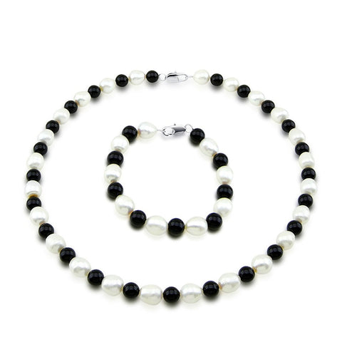 Classic 9-10mm White Freshwater Cultured Pearl and Black Onyx Necklace 18", Bracelet 7.5" Set