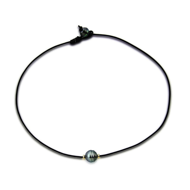 10–14mm 14K Yellow Gold Baroque Tahitian Cultured Pearl Leather Necklace, 18"