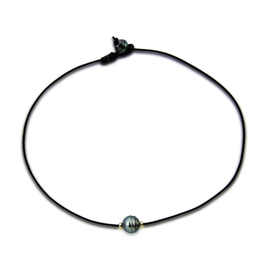 10–13mm 14K Gold Baroque Tahitian Cultured Pearl Leather Necklace, 20"