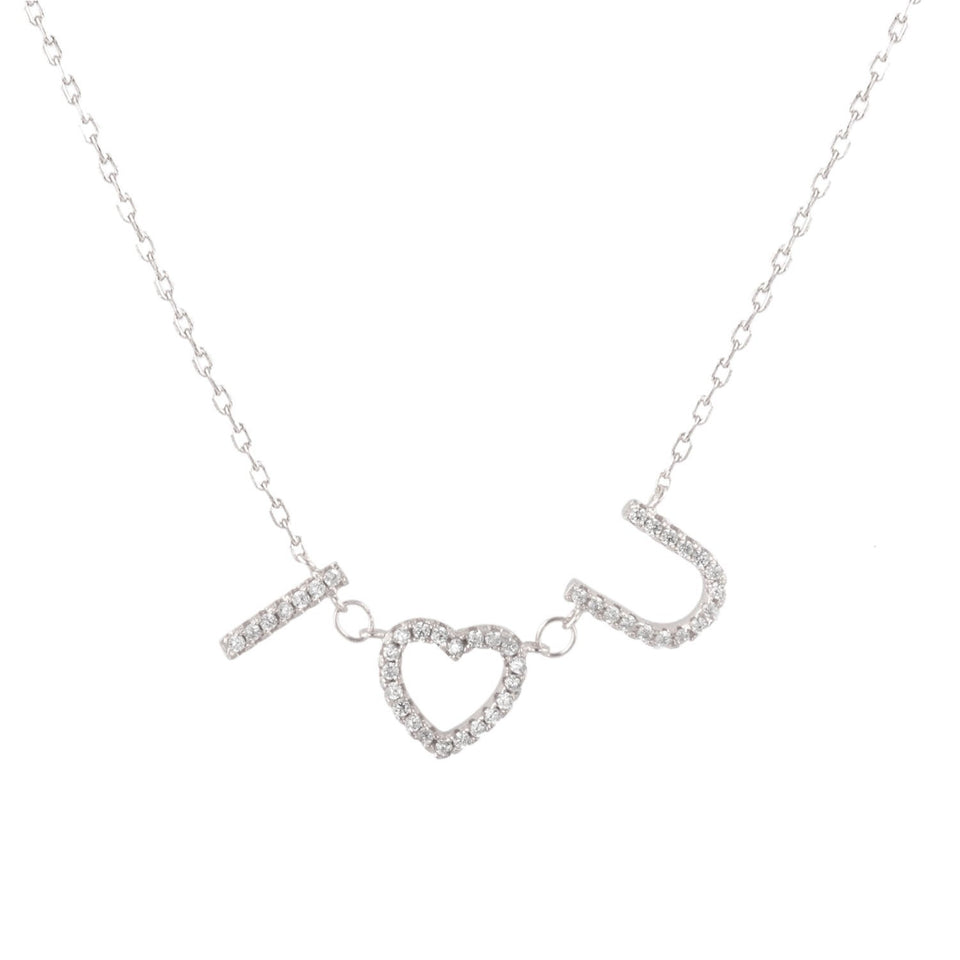 Sterling Silver Cubic Zirconia Pavé I LOVE YOU Necklace, 18"