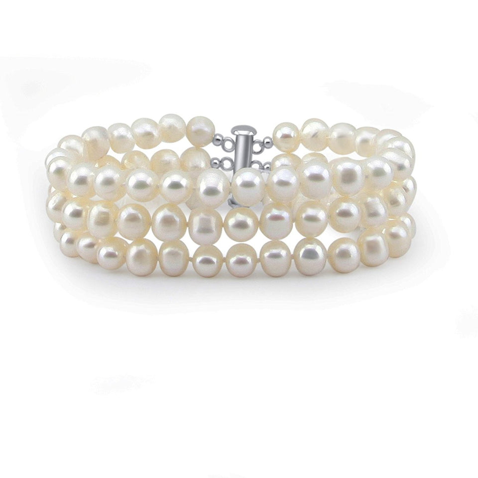 3-Row 7.5–8mm White Freshwater Cultured Pearl Bracelet, 7.5"