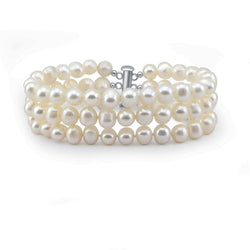 3-Row White A Grade 7.5-8.0mm Freshwater Cultured Pearl Bracelet,8.0"