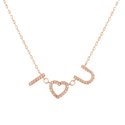 Sterling Silver Cubic Zirconia Pave I LOVE YOU Necklace 18 Inches- Rose-gold-flashed Silver