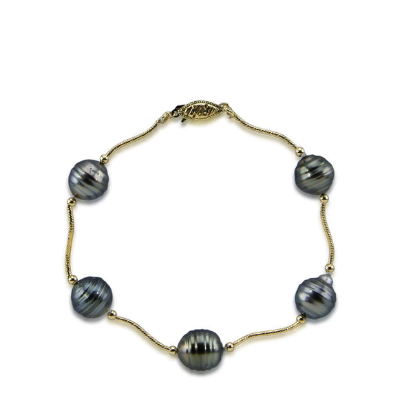 14K Yellow Gold 10.0-11.0mm Tahitian Cultured Pearl and 14K gold beads Bracelet 8.0" Length