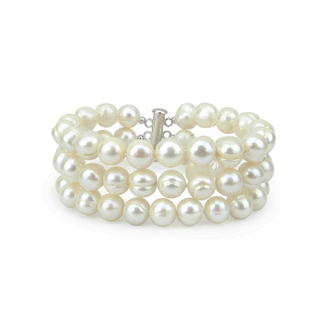 3-Row White Handpicked 8.5-9.5 mm Lustrous White Circlé Baroque Freshwater Cultured Pearl Bracelet 7.5"