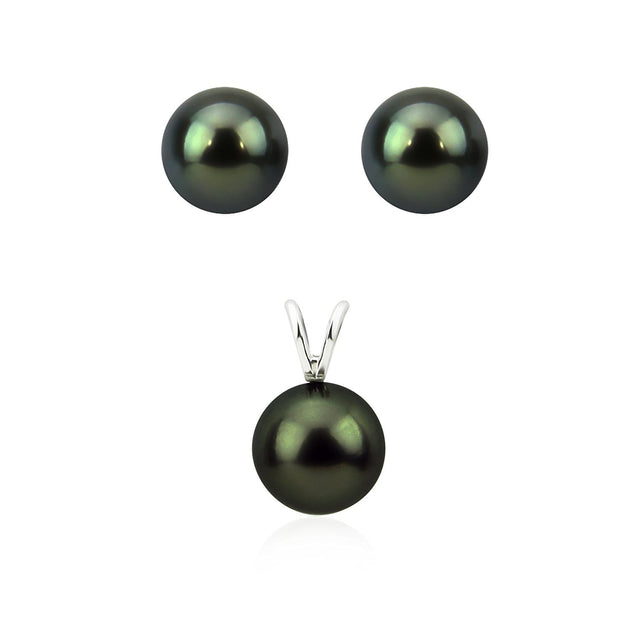 14K White Gold 9–10mm Black Tahitian Pearl Pendant & Earrings