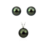 14K White Gold 9.0-10.0mm AAA Quality Round Black Tahitian Cultured Pearl Pendant, Stud Earring Sets