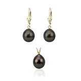 14K Yellow Gold 8.0-9.0mm Pear Black Tahitian Cultured Pearl Pendant and Lever Back Earring Sets-02