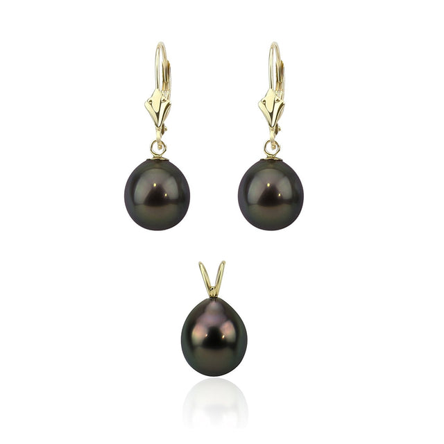 14K Yellow Gold 9–10mm Pear-Shaped Black Tahitian Cultured Pearl Pendant and Leverback Earring Set
