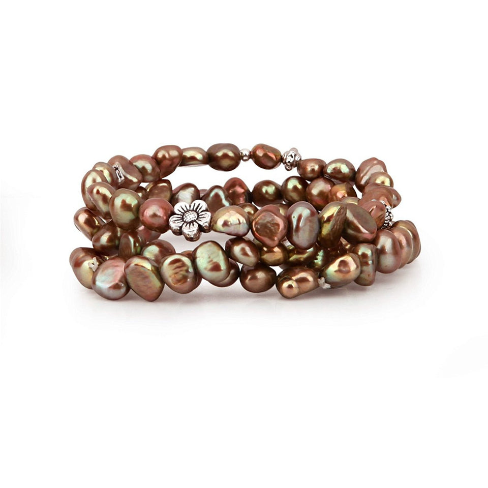 7–8mm Brown Freshwater Cultured Pearl Stretch Bracelets with Base Beads, Set of 3, 7.5"