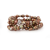 Genuine Freshwater Cultured Pearl 7-8mm Stretch Bracelets with base-metal-beads (Set of 3) 7.5" (Brown)