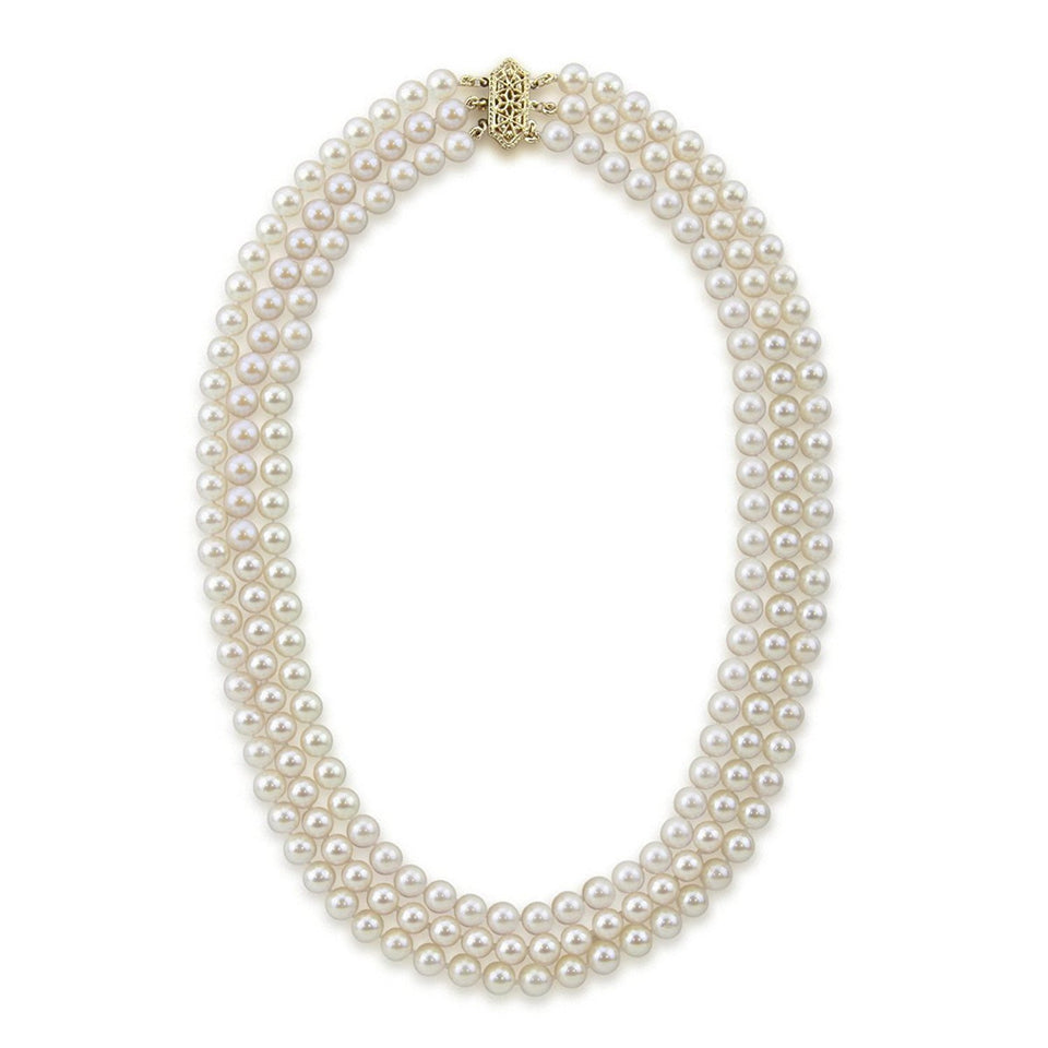 14K Yellow Gold 3-Strand 6–6.5mm White Saltwater Akoya Cultured Pearl Necklace, 17"