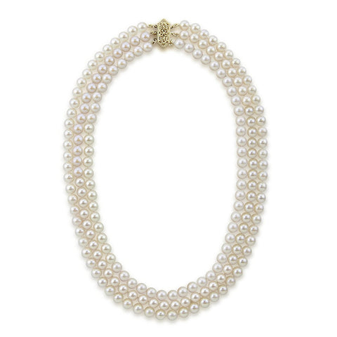 14k Yellow Gold Triple Strand White Saltwater Akoya Cultured Pearl Necklace AAA Quality (6-6.5mm), 20"