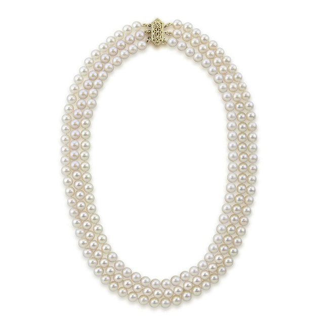 14K Yellow Gold 3-Strand 6–6.5mm White Saltwater Akoya Cultured Pearl Necklace, 17"