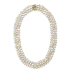 14k Yellow Gold Triple Strand White Saltwater Akoya Cultured Pearl Necklace AAA Quality (6-6.5mm), 17"