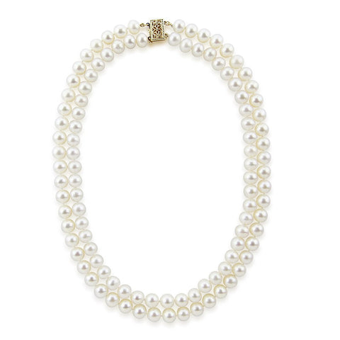 14k Gold Double Strand 6.5-7.0mm Saltwater Akoya Cultured Pearl Necklace AAA Quality 17 Inches