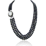 3-row Black Freshwater Cultured Pearl Necklace with Mother of Tahiti Pearl rhodium plated base metal Clasp(6.5-7.5mm), 17.5",18.5"/20"