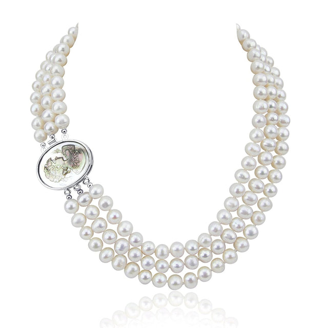 3-Row White Freshwater Pearl Necklace, 16.5–18"