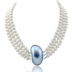 3-row White Freshwater Cultured Pearl Necklace with Shell Clasp (6.5-7.5mm), 17", 18"/19"