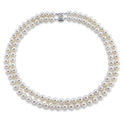 14k White Gold Double Strand 8.0-9.0mm White Freshwater Cultured Pearl Necklace AAA Quality 18 Inches