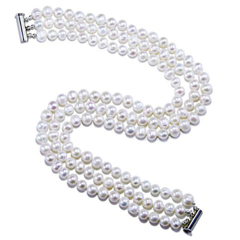 Bridal Wedding Jewelry 3-Row White Choker A Grade 6.5-7.5mm Freshwater Cultured Pearl Necklace 15"