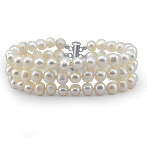 3-Row White A Grade 6.5-7 mm Freshwater Cultured Pearl Bracelet With rhodium plated base metal Clasp, 8.5"