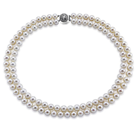 14k White Gold Double Strand 8.0-9.0mm White Freshwater Cultured Pearl Necklace AAA Quality 20 Inches
