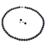 14K White Gold 7.0-7.5mm Black Akoya Cultured Pearl High Luster Necklace 18 Inches with Earring Sets
