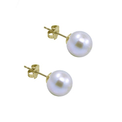 14K Yellow Gold 6.5-7.0mm White Round Freshwater Cultured Pearl Stud Earrings - AAA Quality