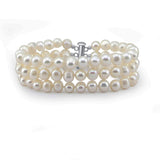 3-Row White A Grade 7.5-8.0mm Freshwater Cultured Pearl Bracelet, 7.0"