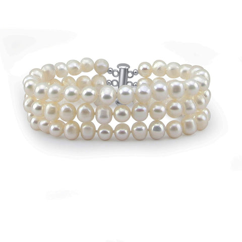 3-Row White A Grade 7.5-8.0mm Freshwater Cultured Pearl Bracelet, 7.0"