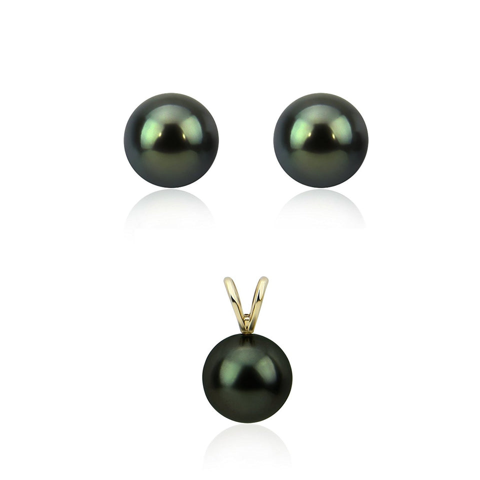 14K Yellow Gold 9–10mm Round Black Tahitian Cultured Pearl Pendant and Stud Earring Set